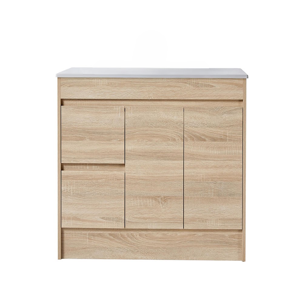legna floor mount single basin vanity, left hand drawer, natural oak 0900mm cabinet only
