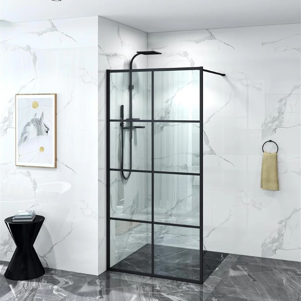 framed 8 print single panel shower, matte black 0900mm