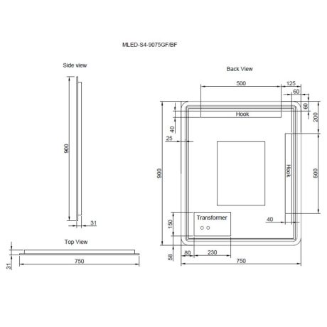 rectangle framed led mirror with dimmer, matte black 0900mm