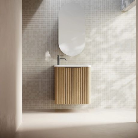 gravity fluted wall hung vanity, natural oak, left hand hinge, left hand basin, brushed nickel handle 0500mm