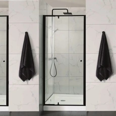 semi frame wall to wall pivot door shower, matte black 1150 1320mm