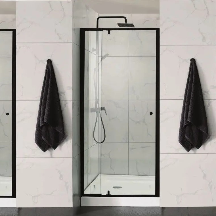 semi frame wall to wall pivot door shower, matte black 1150 1320mm