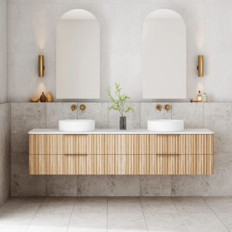gravity fluted wall hung vanity, double basin top, oak 1800mm