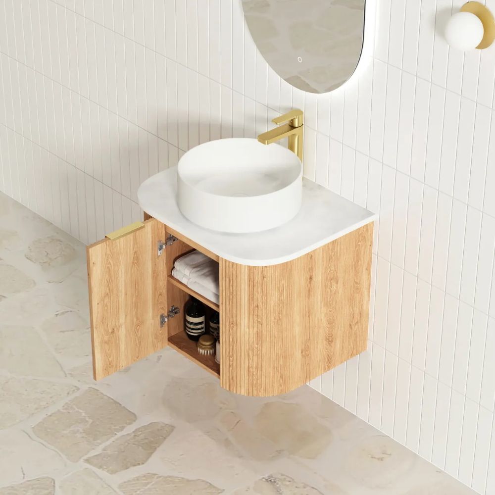 bondi fluted 0600mm woodland oak curve vanity, cabinet only