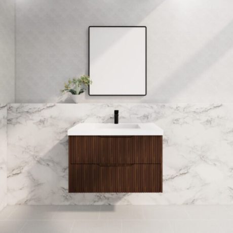 bali wall hung fluted vanity, brown oak 0900mm cabinet only