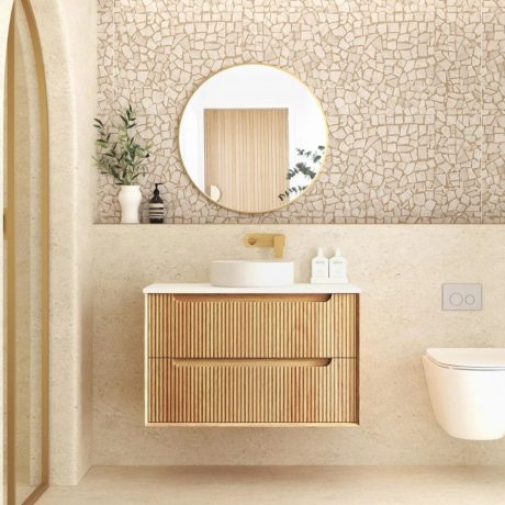 byron fluted 0900mm woodland oak wall hung vanity cabinet only