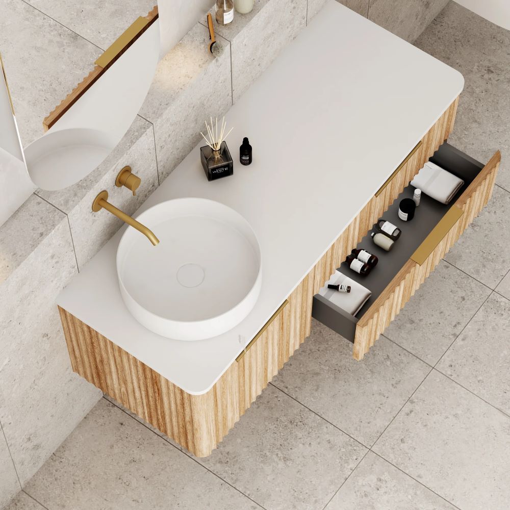 gravity fluted wall hung vanity, left hand basin top, oak 1200mm