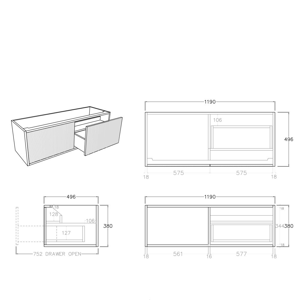 bellevue vanity, coastal oak 1200mm, cabinet only, right hand draws, single basin