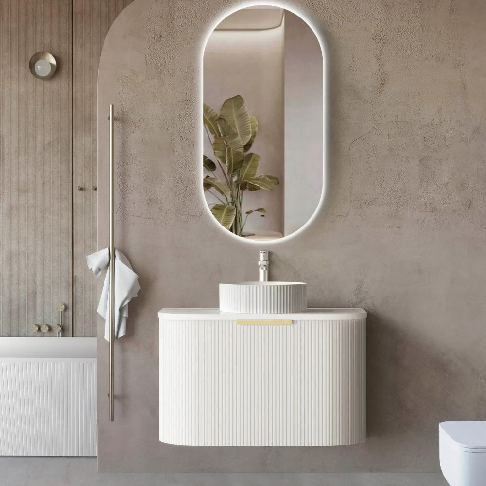 bondi fluted 0750mm satin white curve vanity, cabinet only