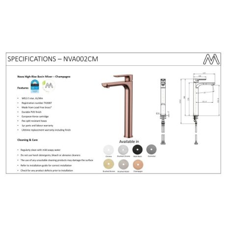 nova high rise basin mixer, pvd champagne