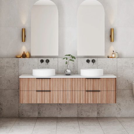 gravity fluted wall hung vanity, double basin top, walnut 1500mm