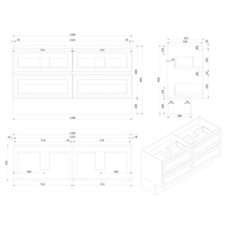 marland floor mount vanity 1500mm double basin cabinet only, matte white