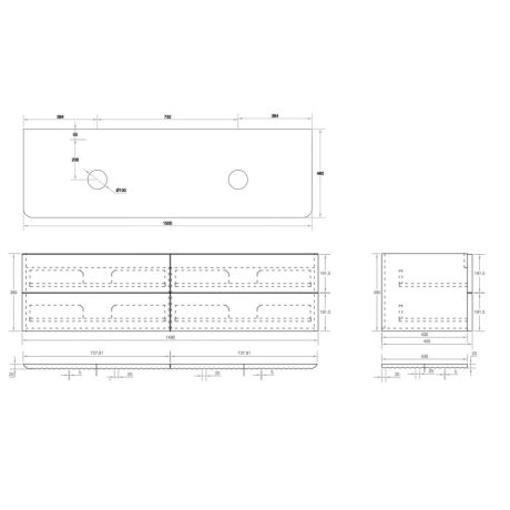 gravity fluted wall hung vanity, double basin top, oak 1500mm