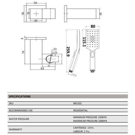 handel eckig square multifunction shower on bracket, brushed bronze