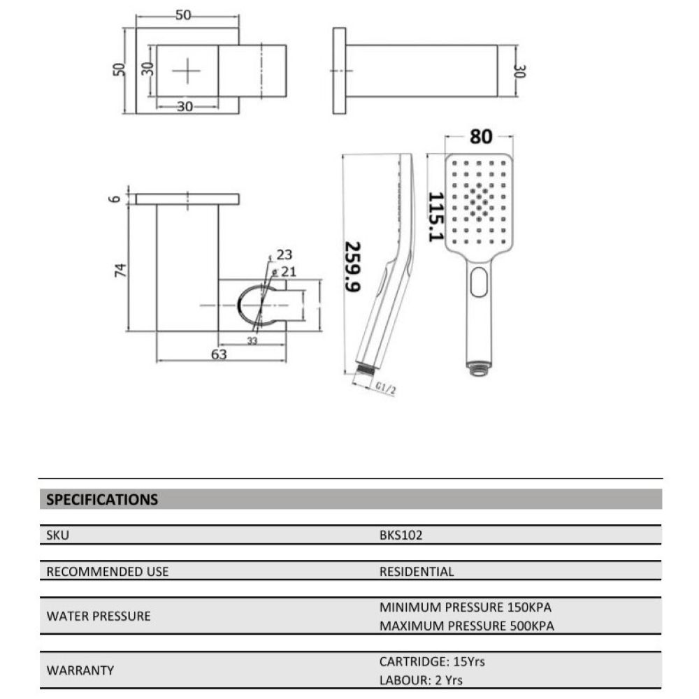 handel eckig square multifunction shower on bracket, brushed bronze