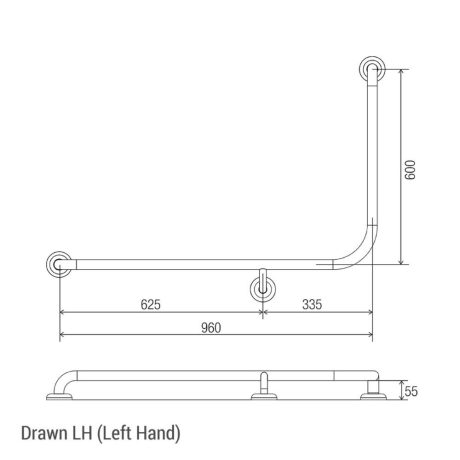 hygienic seal 90 ambulant & accessible left hand grab rail 960mm x 600mm
