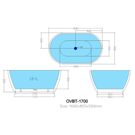 olivia free standing bathtub, matte white 1700mm no overflow