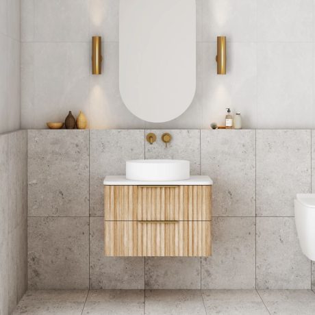 gravity fluted wall hung vanity with top, oak 0600mm