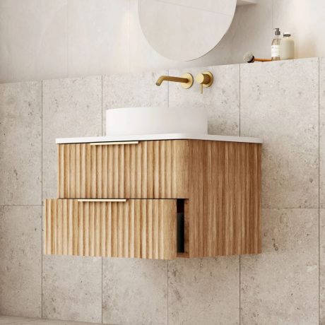 gravity fluted wall hung vanity with top, oak 0600mm