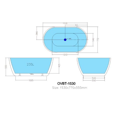 olivia free standing bathtub, gloss white 1500mm no overflow
