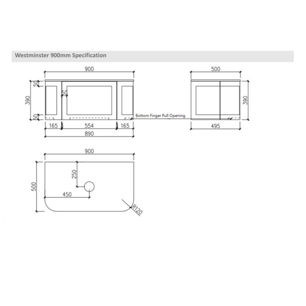 westminster curved wall hung vanity 0900mm, matte white