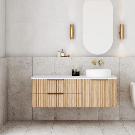 gravity fluted wall hung vanity, right hand basin top, oak 1200mm