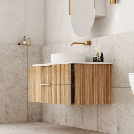 gravity fluted wall hung vanity with top, oak 0900mm