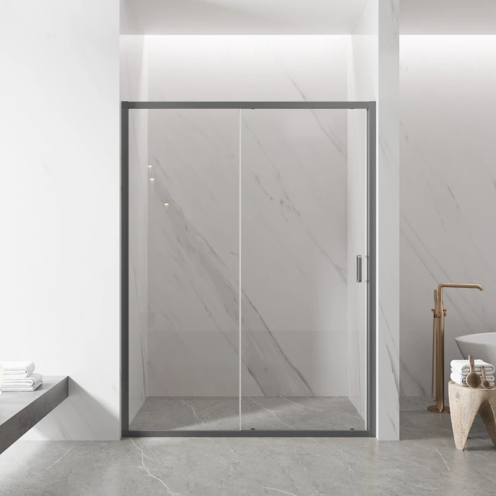 semi frameless wall to wall shower screen with sliding door, gun metal 1000 1100mm