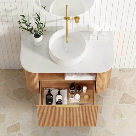 bondi fluted 0900mm woodland oak curve vanity, cabinet only