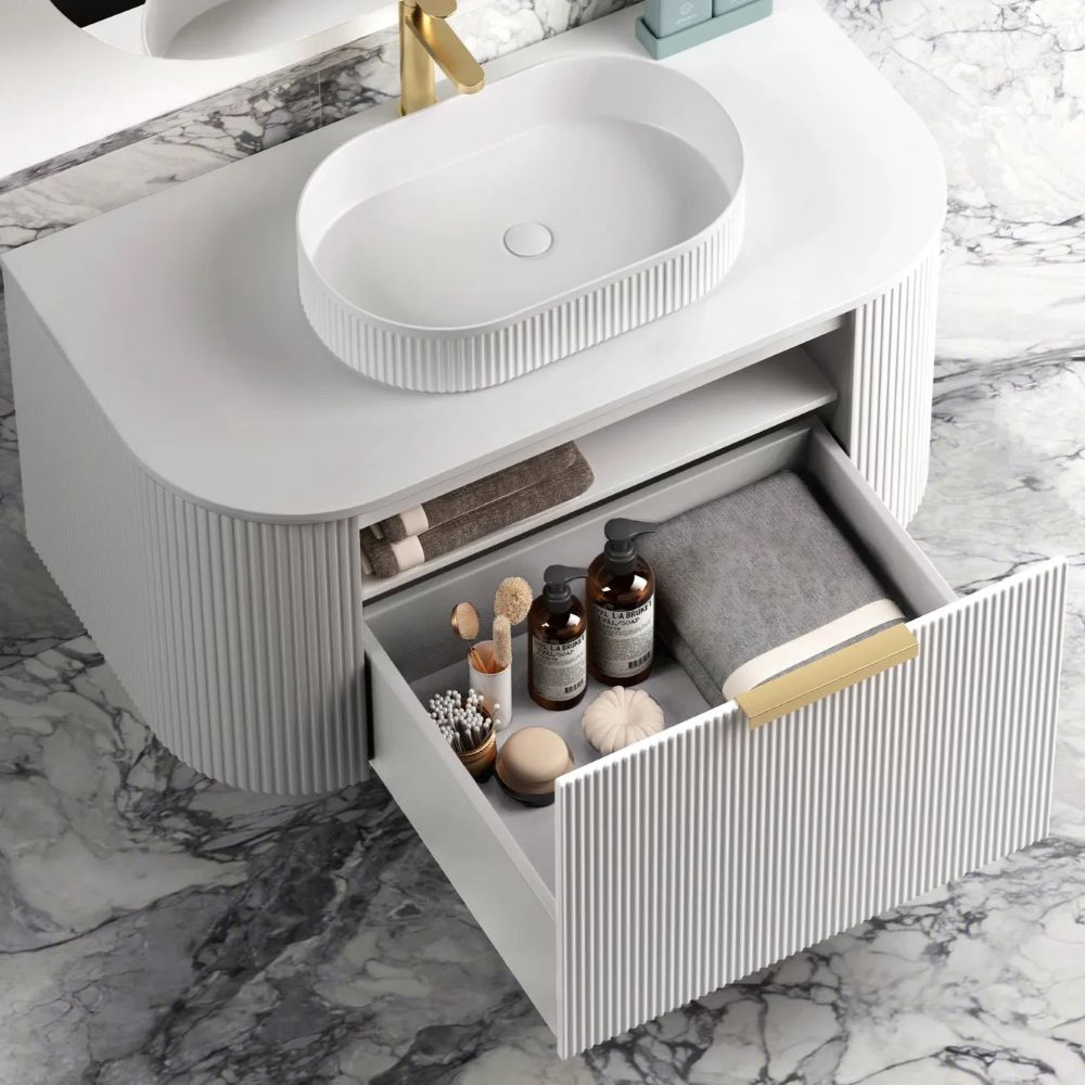bondi fluted 0750mm satin white curve vanity, cabinet only