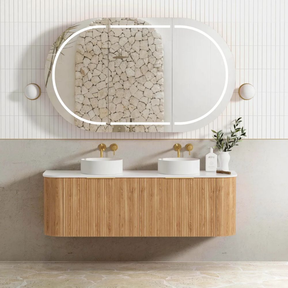 bondi fluted 1500mm woodland oak curve vanity, cabinet only