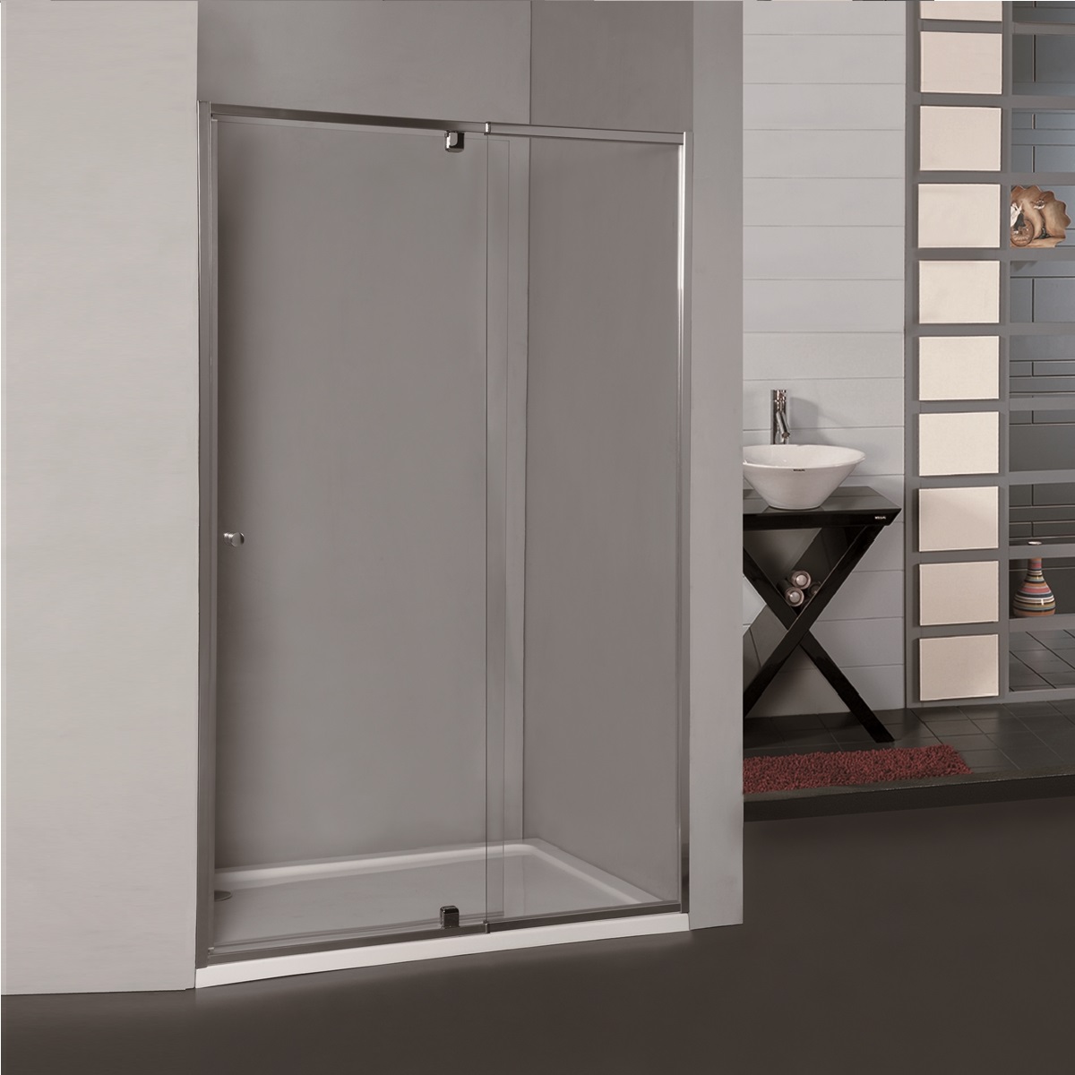 semi frame wall to wall pivot door shower, brushed nickel 0850 0950mm