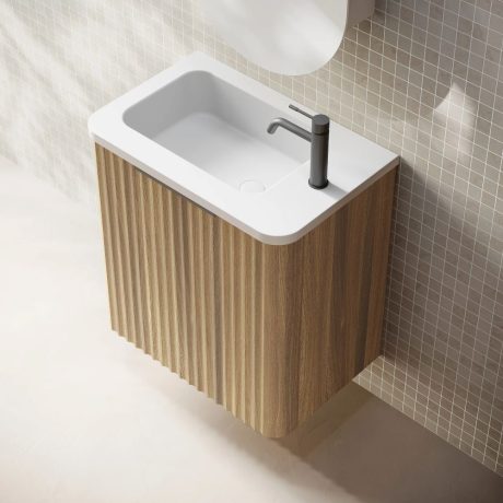 gravity fluted wall hung vanity, natural oak, left hand hinge, right hand basin, matte black handle 0500mm