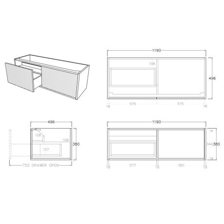 bellevue vanity, coastal oak 1200mm, cabinet only, left hand draws, single basin
