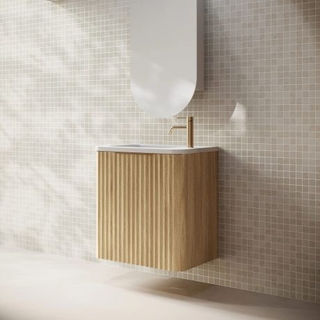 gravity fluted wall hung vanity, walnut, left hand hinge, right hand basin, brushed gold handle 0500mm