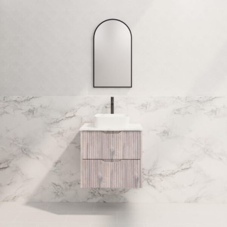 bali, white oak wall hung fluted vanity cabinet only