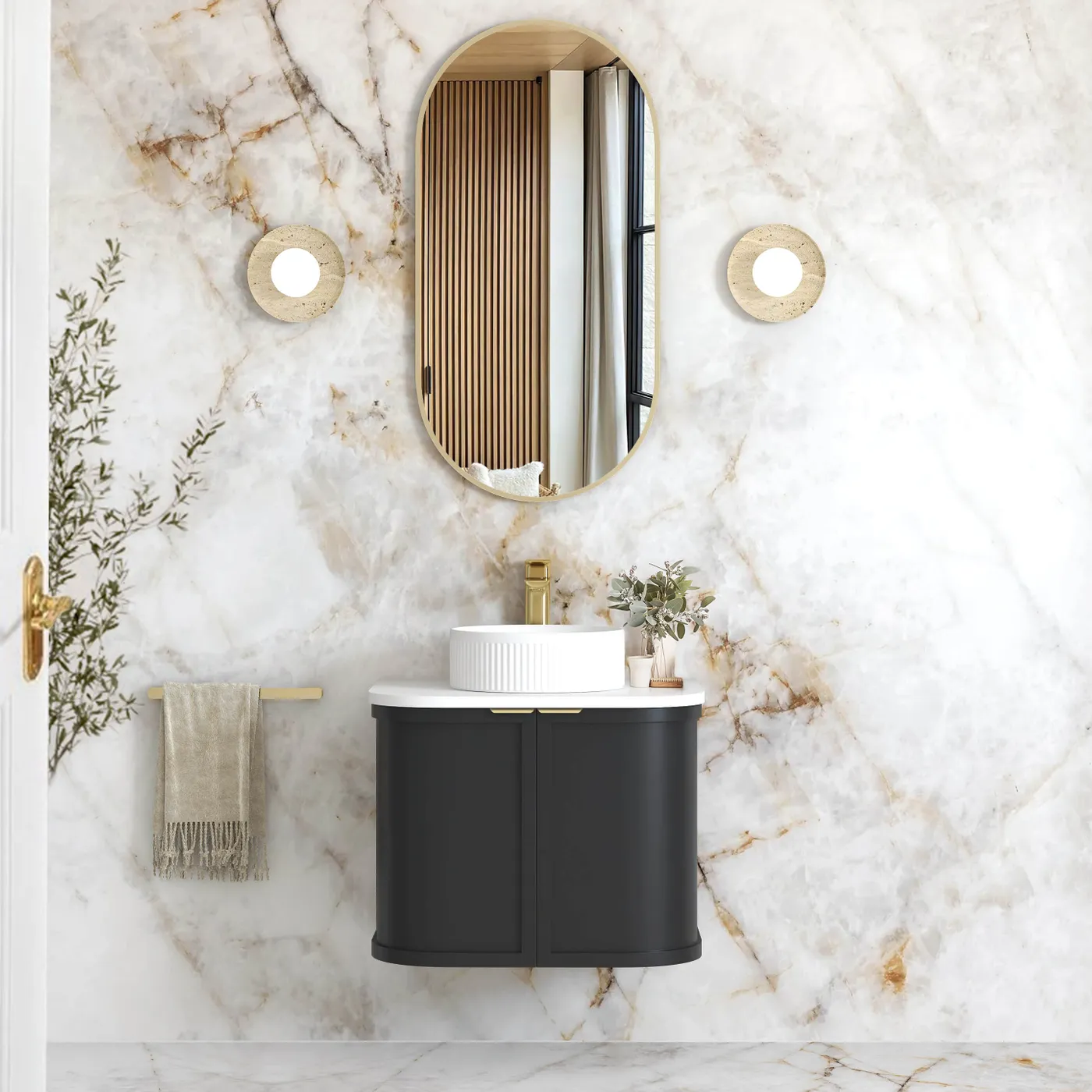 hampshire satin black wall hung curve vanity 600mm, cabinet only, brushed nickel handles