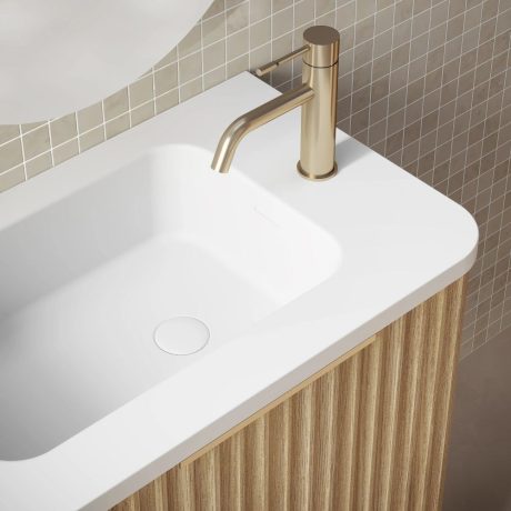 gravity fluted wall hung vanity, walnut, left hand hinge, right hand basin, brushed gold handle 0500mm