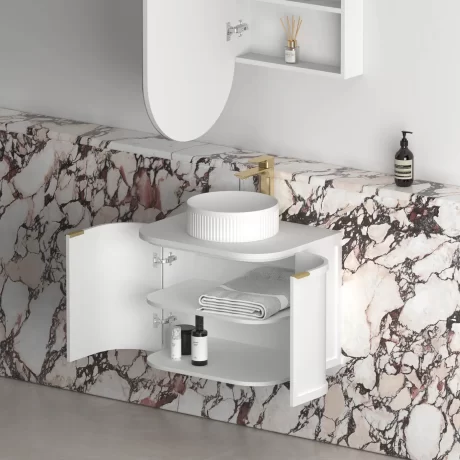 hampshire satin white wall hung curve vanity 600mm, cabinet only, gun metal handdles