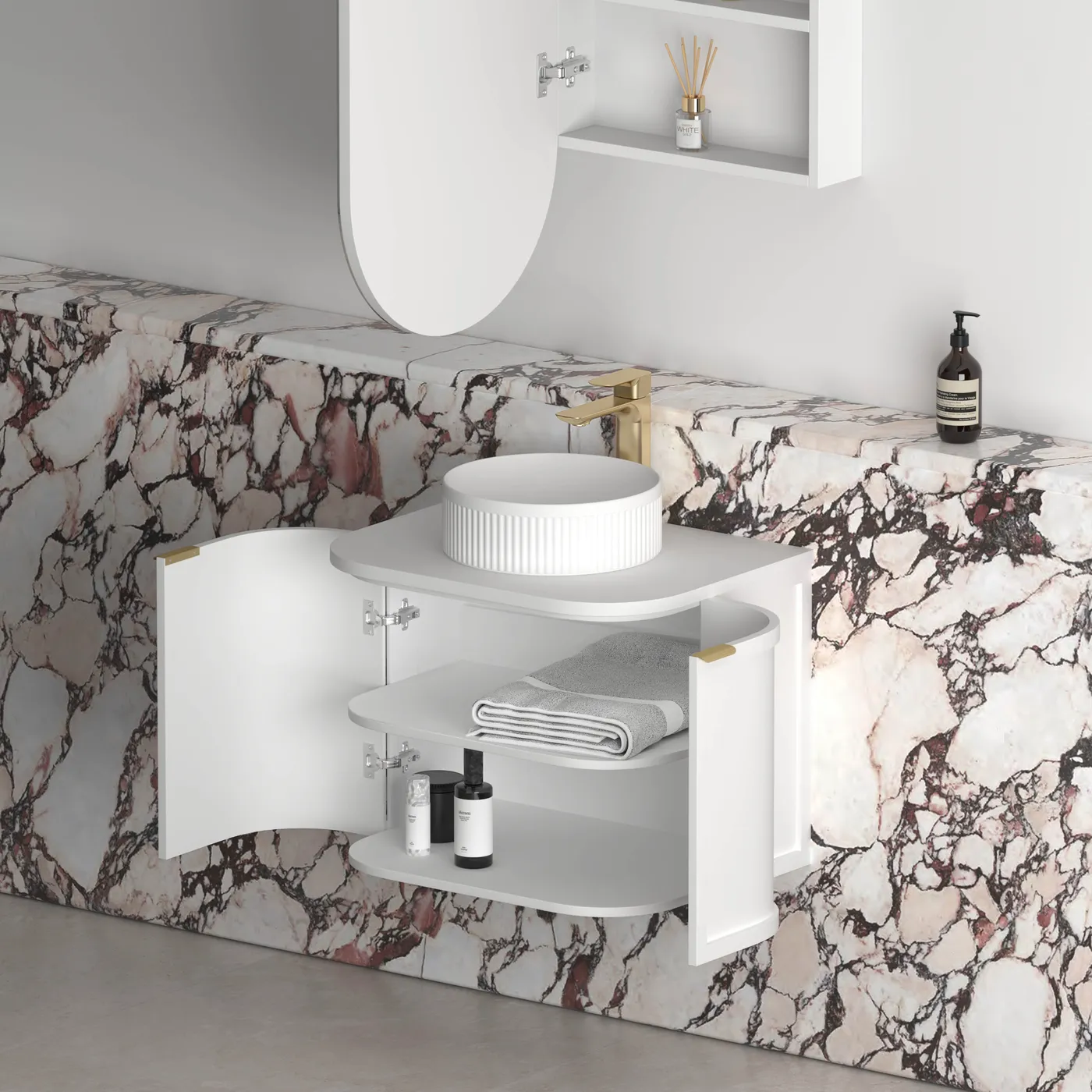 hampshire satin white wall hung curve vanity 600mm, cabinet only, gun metal handdles