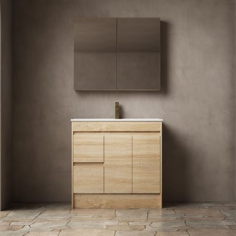 legna floor mount single basin vanity, left hand drawer, natural oak 0900mm cabinet only
