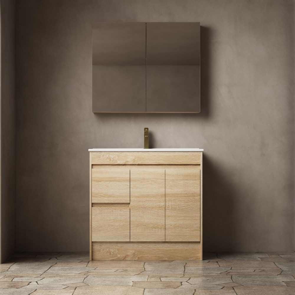 legna floor mount single basin vanity, left hand drawer, natural oak 0900mm cabinet only