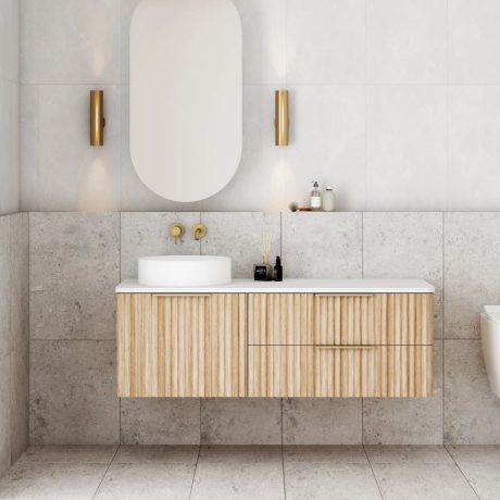 gravity fluted wall hung vanity, left hand basin top, oak 1200mm