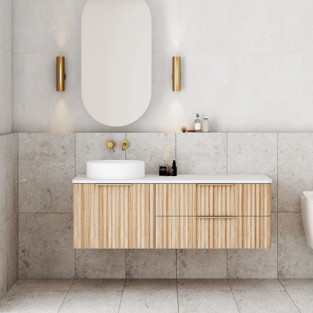 gravity fluted wall hung vanity, left hand basin top, oak 1200mm