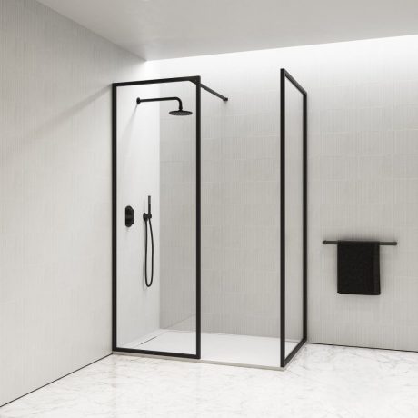 framed single panel shower & support bar, matte black 0900mm