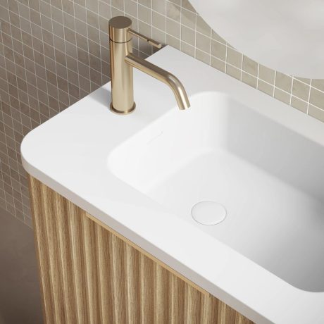 gravity fluted wall hung vanity, natural oak, left hand hinge, left hand basin, brushed gold handle 0500mm