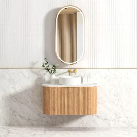 bondi fluted 0750mm woodland oak curve vanity, cabinet only
