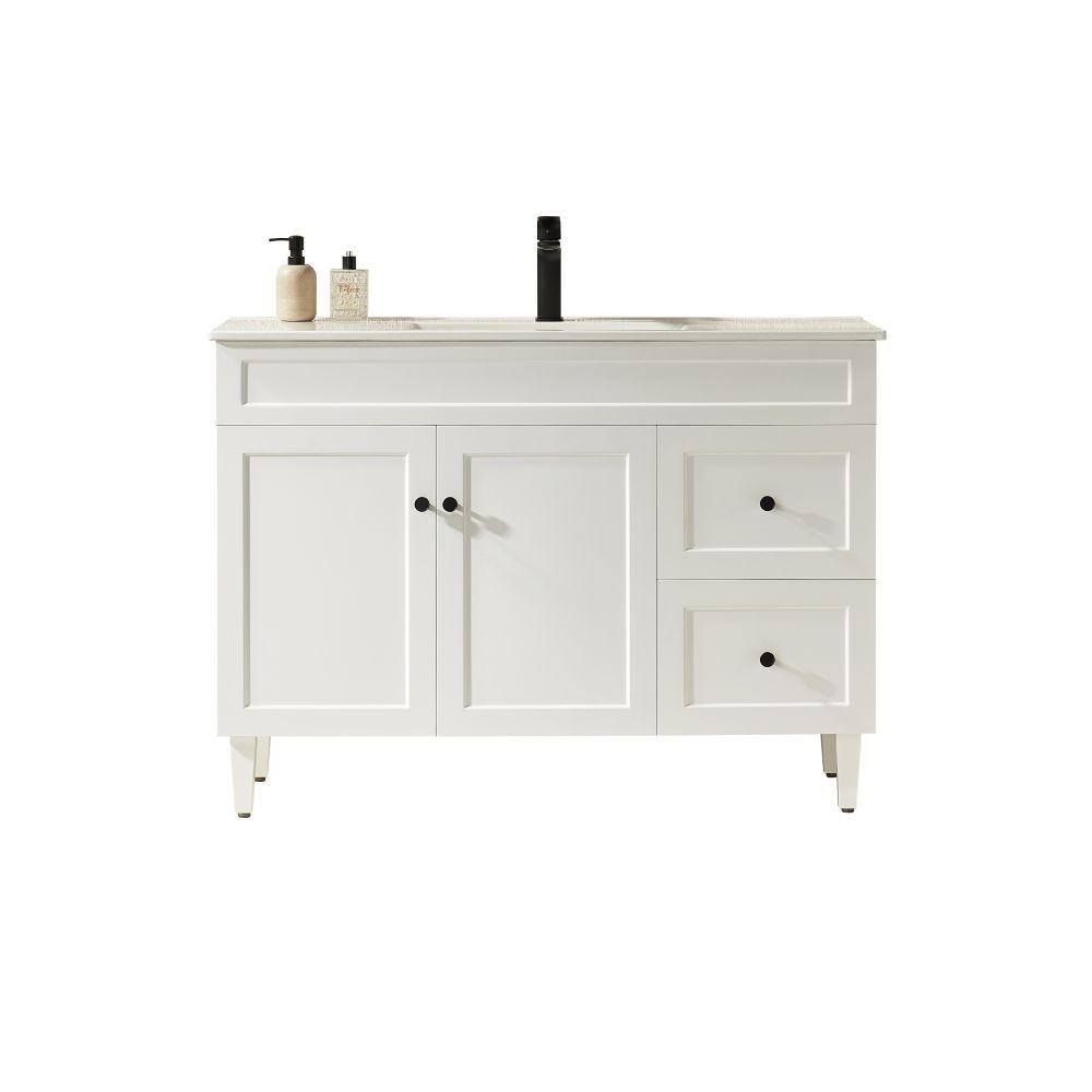 harrington pvc 1200mm matte white cabinet only, right hand drawers matte black handle