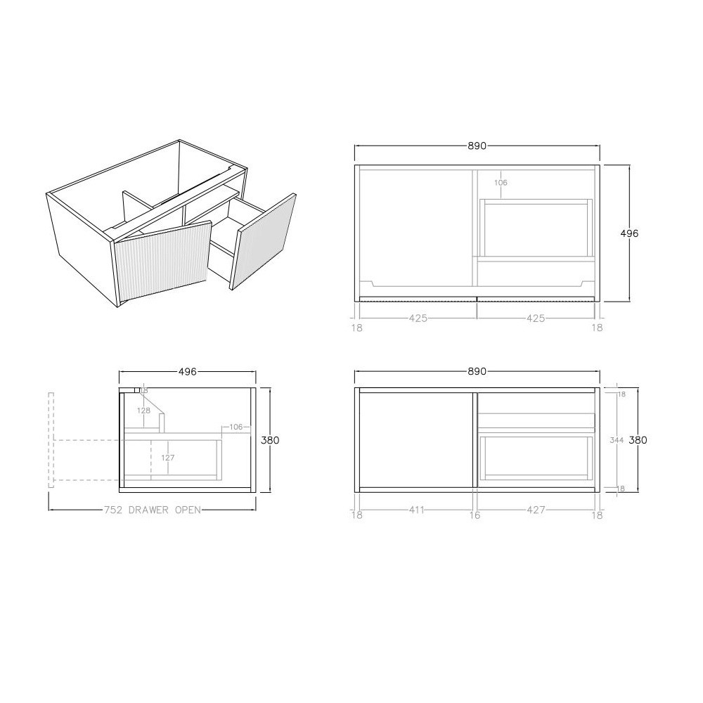 bellevue vanity, prime oak 0900mm, cabinet only, right hand draws, single basin