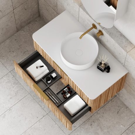 gravity fluted wall hung vanity with top, walnut 0900mm